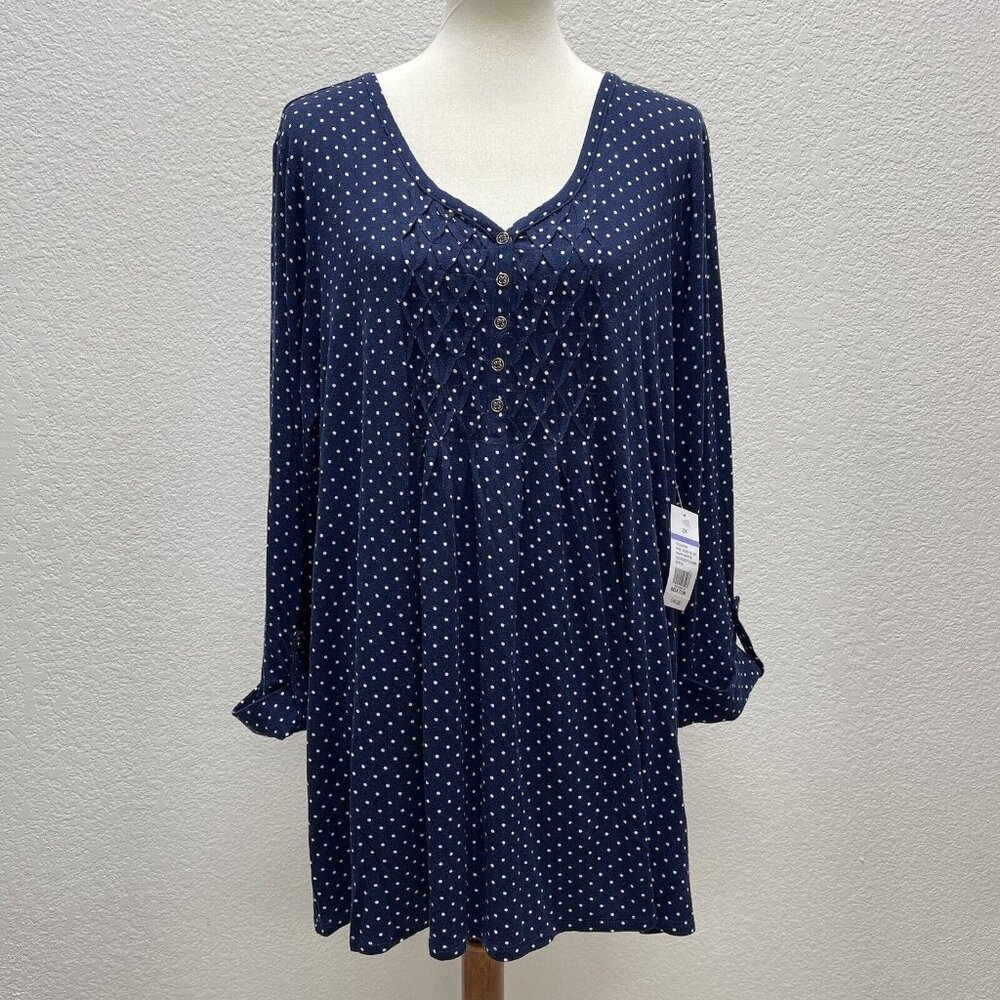 Kim Rogers Womens 2X Top Blue Polka Dots Roll Tab Sleeve Knit Shirt Flowy Flare